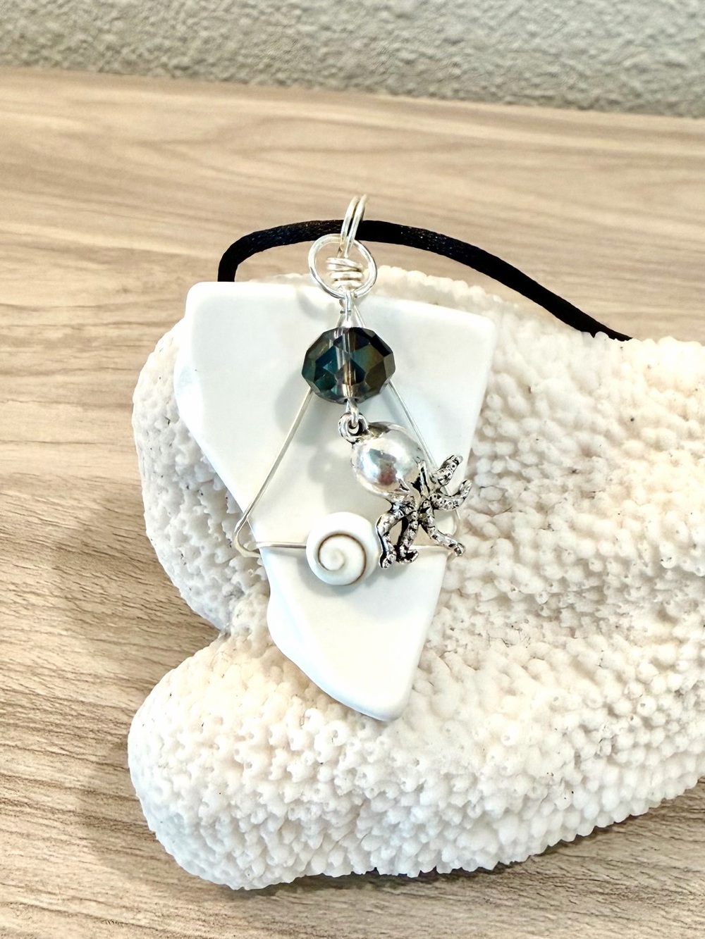 55. Handmade White Sea Glass Pendant Necklace with Silver octopus Charm